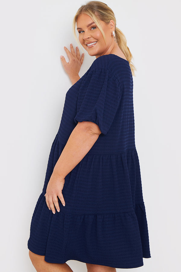 In The Style In The Style Textured Seersucker Smock Dress Navy
