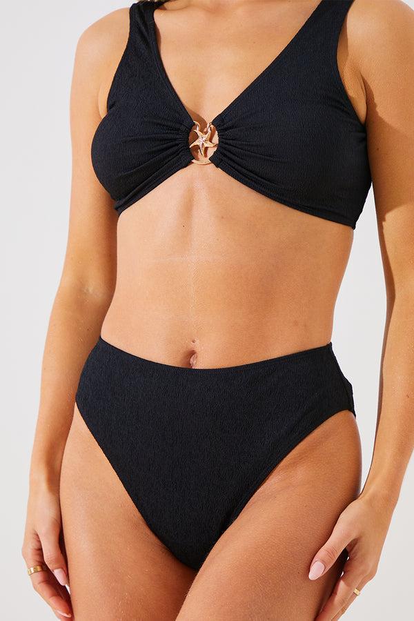In The Style In The Style Textured Starfish Detail High Waist High Leg Bikini Bottoms Black