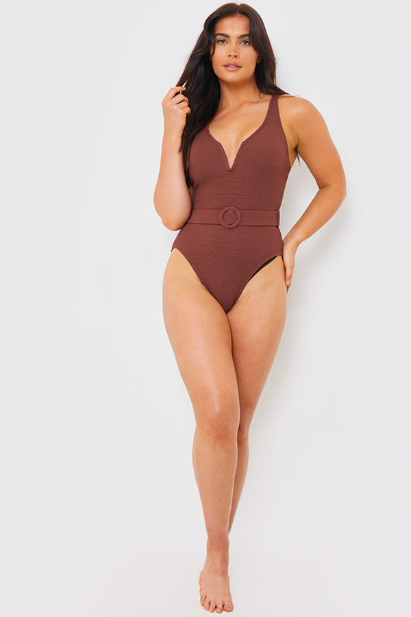 In The Style In The Style Textured Sweetheart Neckline Belted Swimsuit Chocolate