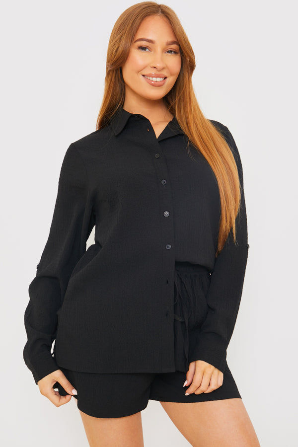 in the style In the Style Textured Tie Waist Beach Co-Ord Shorts Black