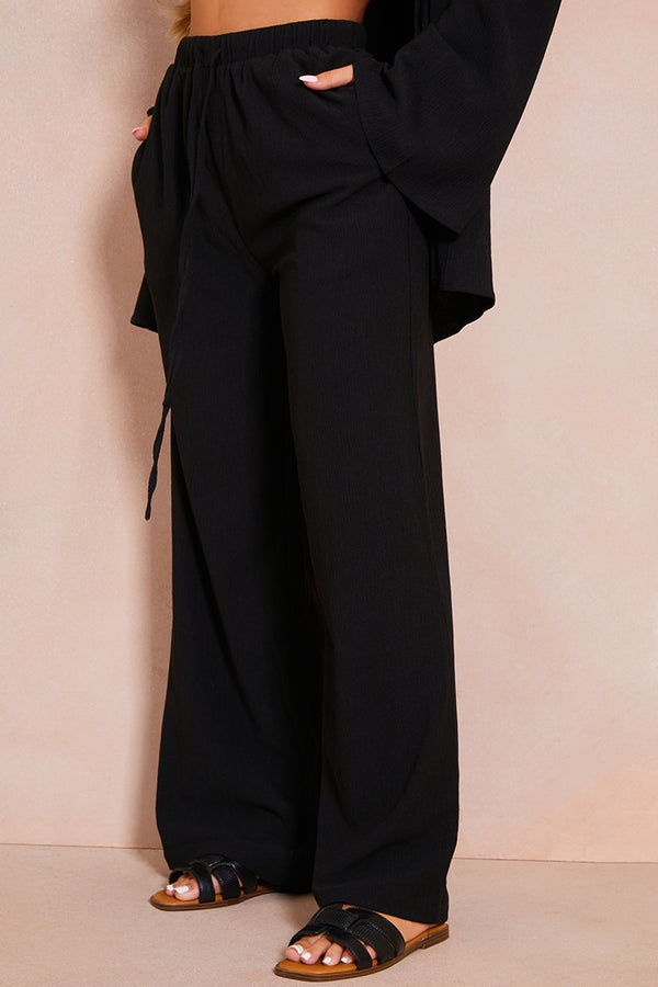In The Style In The Style Textured Wide Leg Beach Co-Ord Trouser Black