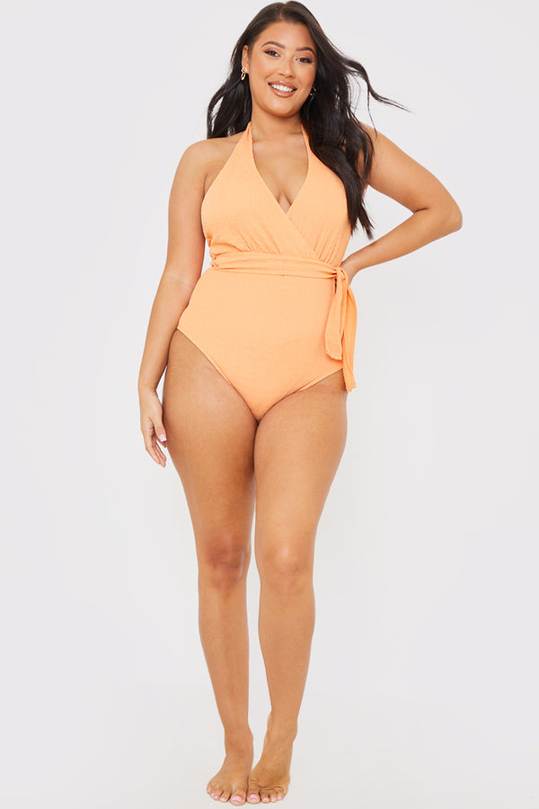 In The Style In The Style Textured Wrap Swimsuit Orange