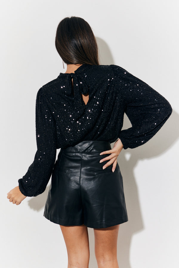 In The Style In The Style Tie Bow Back Sequin High Neck Blouse With Balloon Sleeve Black