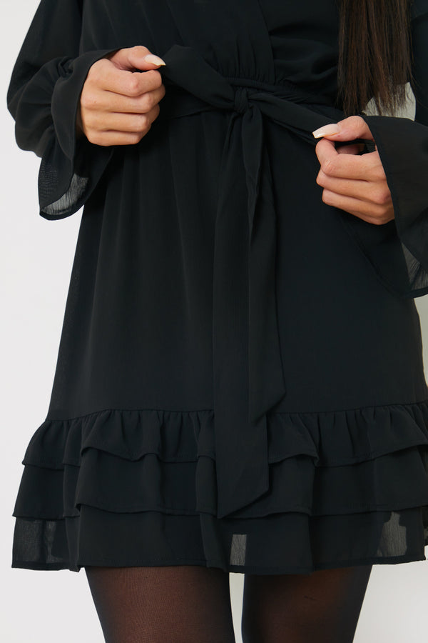 In The Style In The Style Tie Chiffon Frill Mini Dress Black