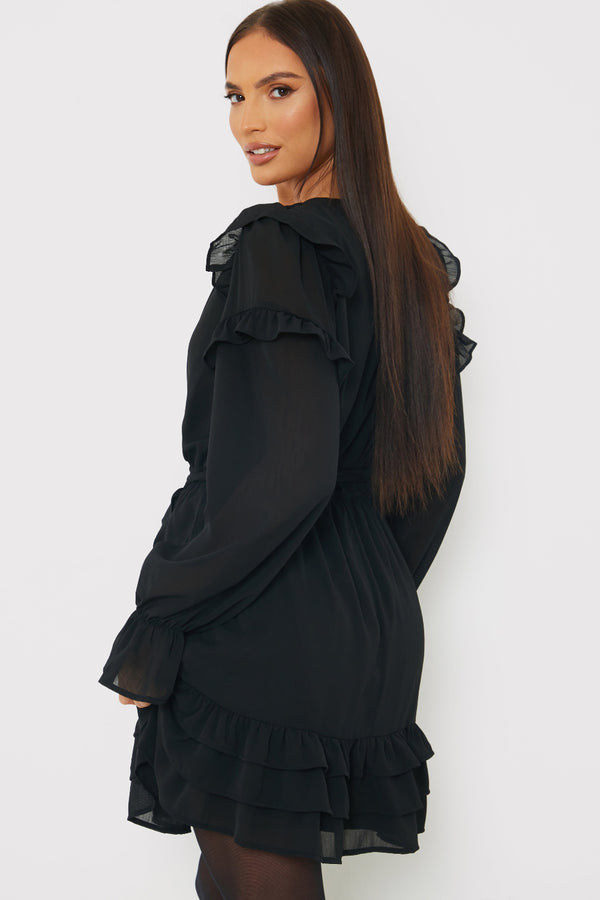 In The Style In The Style Tie Chiffon Frill Mini Dress Black