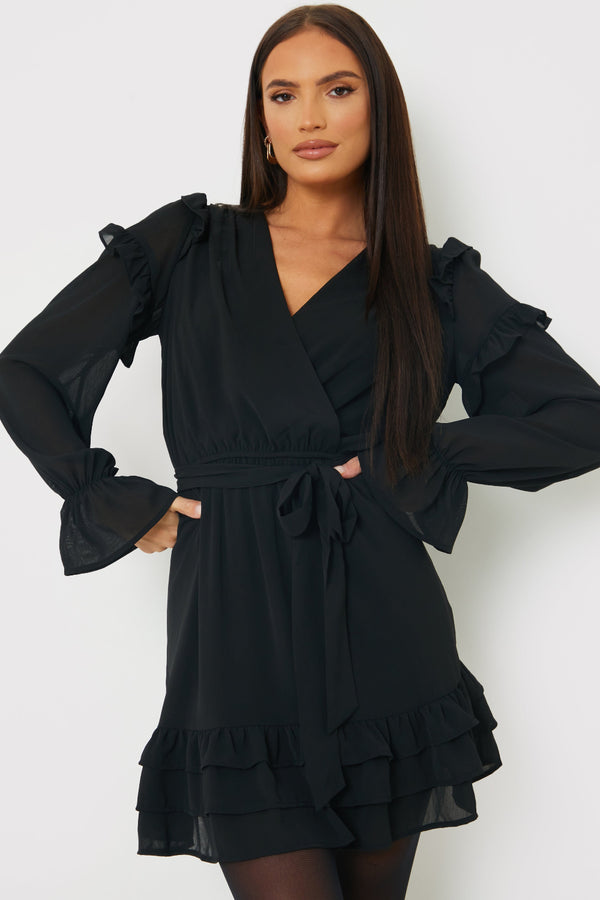 in the style In the Style Tie Chiffon Frill Mini Dress Black