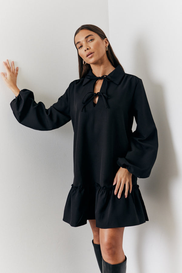 in the style In the Style Tie Detail Balloon Sleeve Smock Dress Black