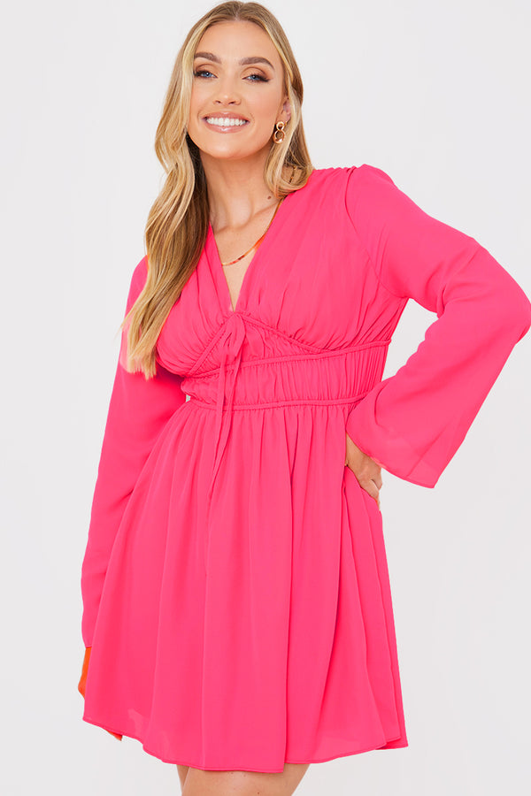 in the style In the Style Tie Detail Plunge Skater Dress Coral