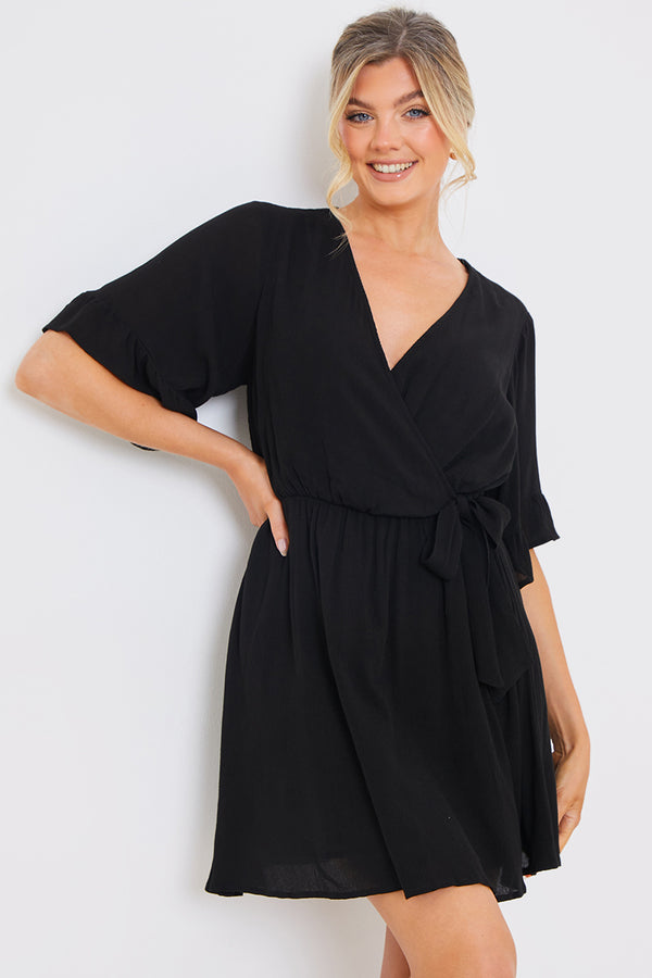 in the style In the Style Tie Detail Wrap Mini Dress Black