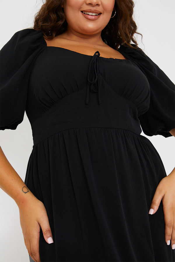 In The Style In The Style Tie Front Sweerheart Puff Sleeve Midi Dress Black
