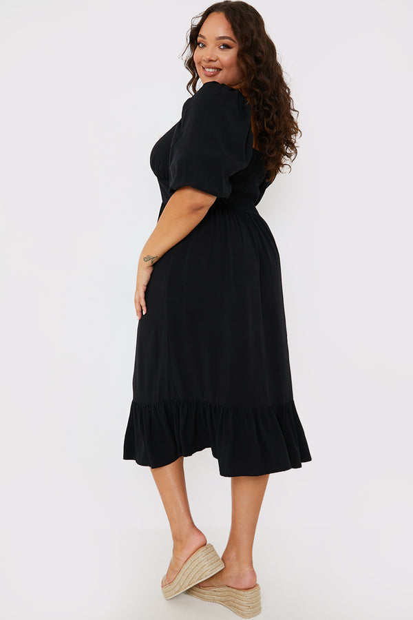 In The Style In The Style Tie Front Sweerheart Puff Sleeve Midi Dress Black