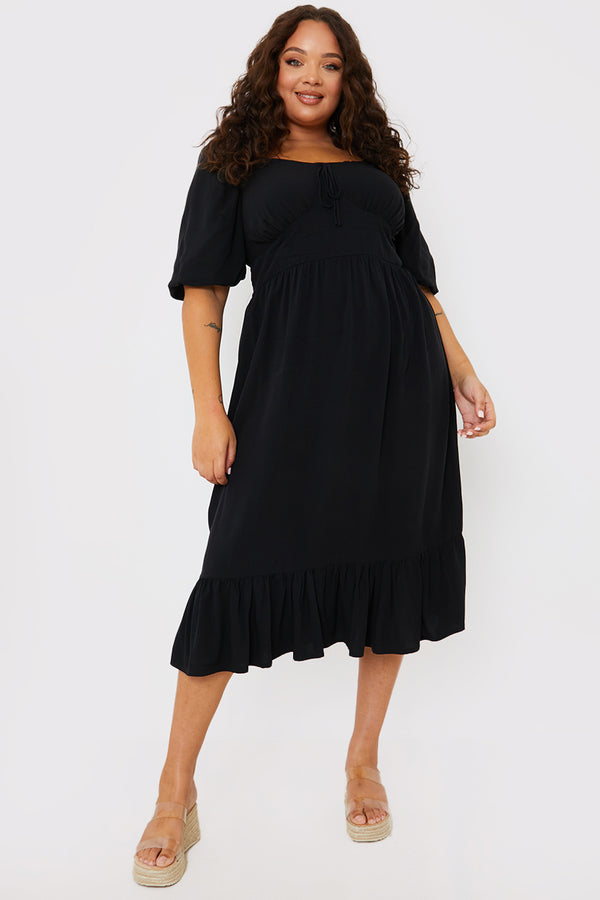 in the style In the Style Tie Front Sweerheart Puff Sleeve Midi Dress Black