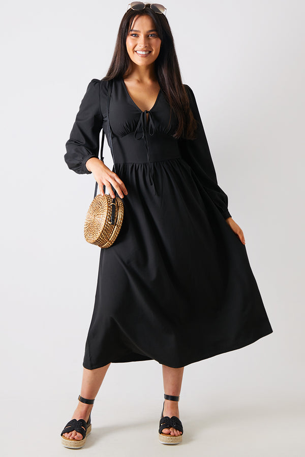 In The Style In The Style Tie Front Waist Detail Midi Dress Black