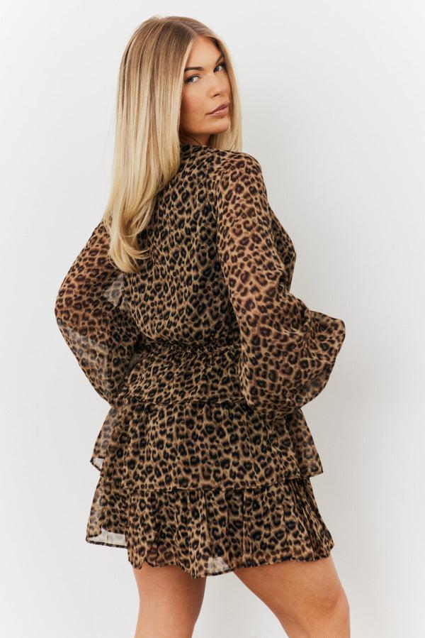In The Style In The Style Tiered Leopard Chiffon Mini Dress Brown