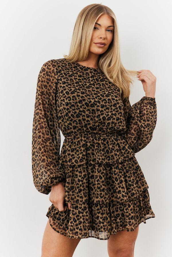 in the style In The Style Tiered Leopard Chiffon Mini Dress Brown