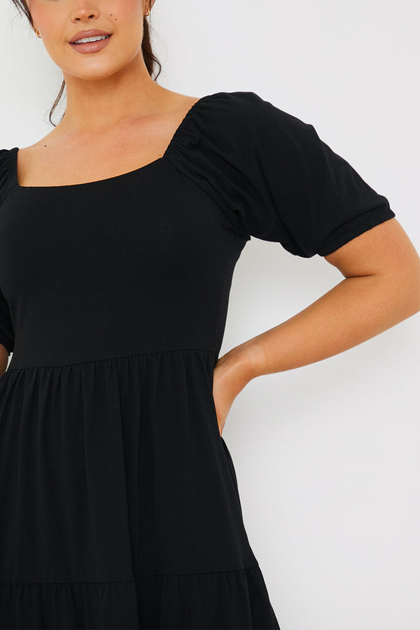 In The Style In The Style Tiered Puff Sleeve Midi Dress Black