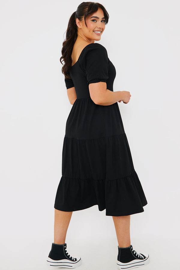 In The Style In The Style Tiered Puff Sleeve Midi Dress Black