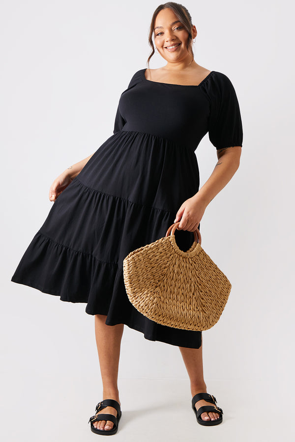 In The Style In The Style Tiered Puff Sleeve Midi Dress Black