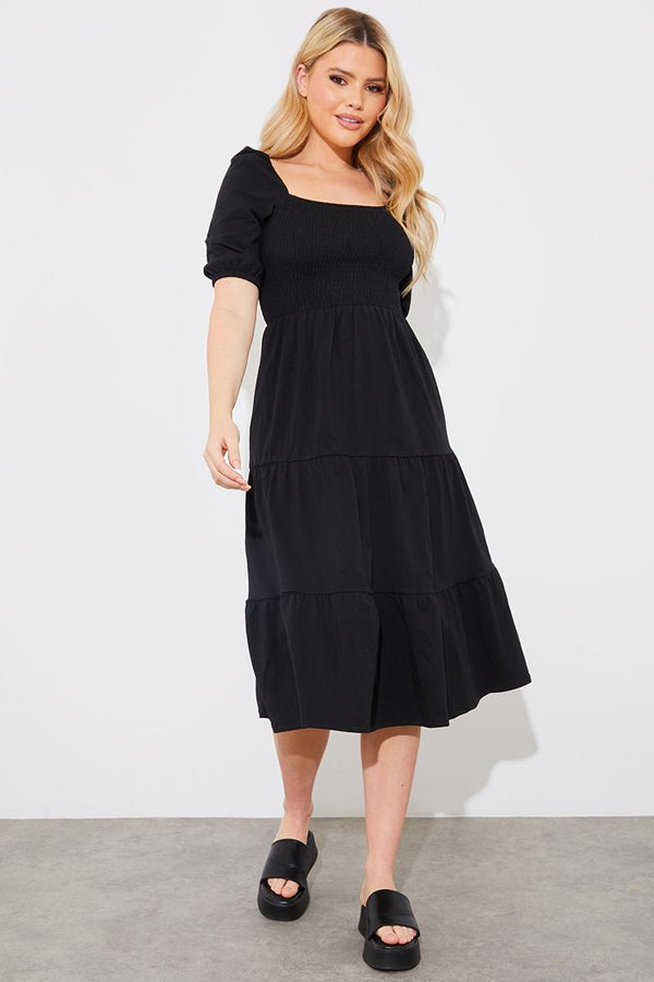 in the style In the Style Tiered Puff Sleeve Midi Dress Black