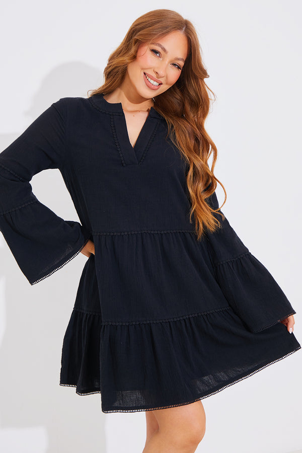 in the style In the Style Trim Detail Tiered Long Sleeve Smock Dress Black