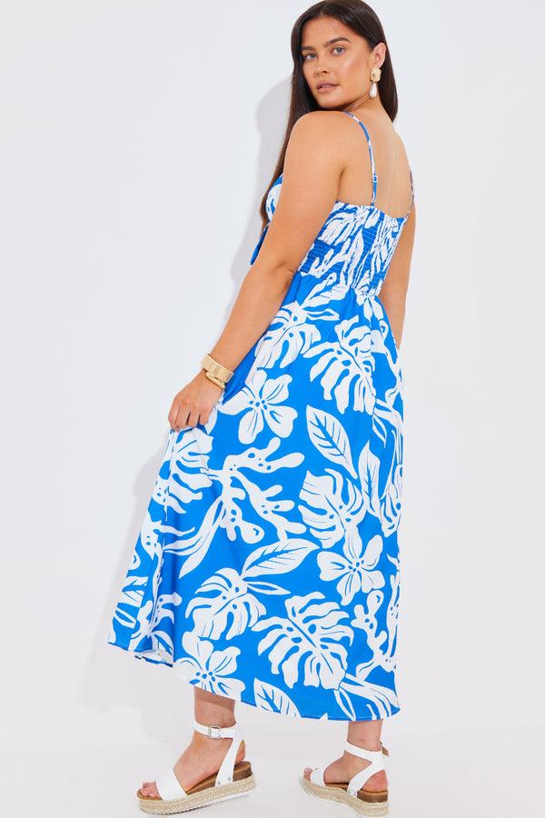 In The Style In The Style Tropical Print Tie Front Midaxi Dress Blue