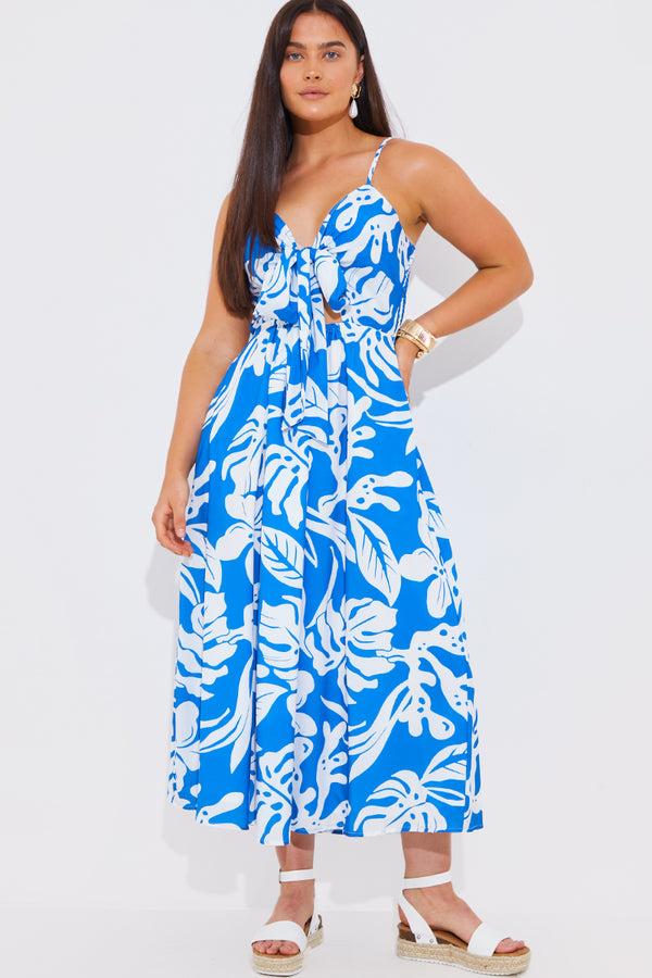 in the style In the Style Tropical Print Tie Front Midaxi Dress Blue