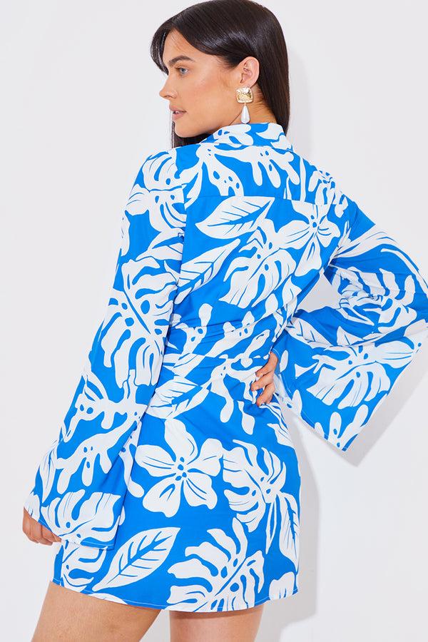 In The Style In The Style Tropical Print Wrap Mini Dress Blue