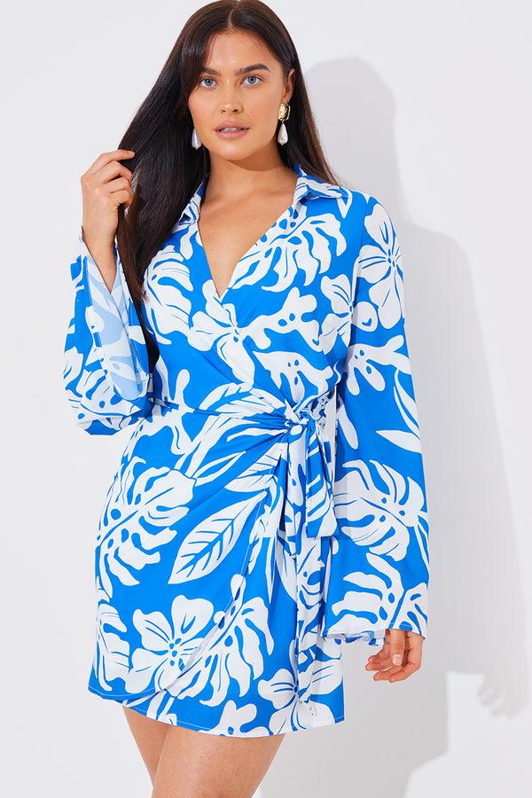 in the style In the Style Tropical Print Wrap Mini Dress Blue