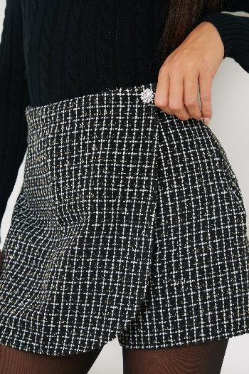In The Style In The Style Tweed Lurex Wrap Skort With Diamante Button Black
