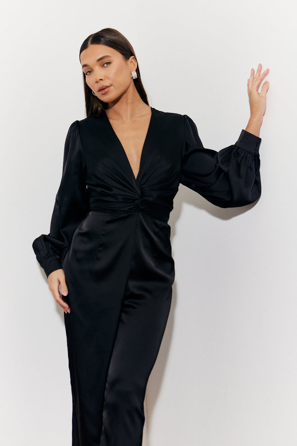 In The Style In The Style Twist Front Detail Wide Leg Satin Jumpsuit Black