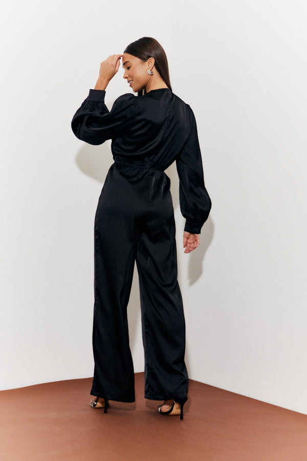 In The Style In The Style Twist Front Detail Wide Leg Satin Jumpsuit Black