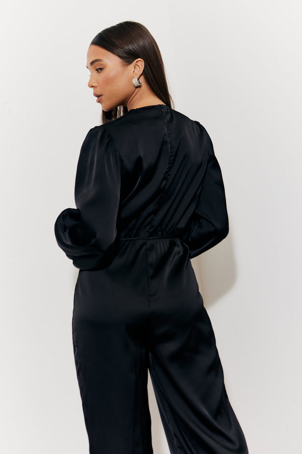 In The Style In The Style Twist Front Detail Wide Leg Satin Jumpsuit Black