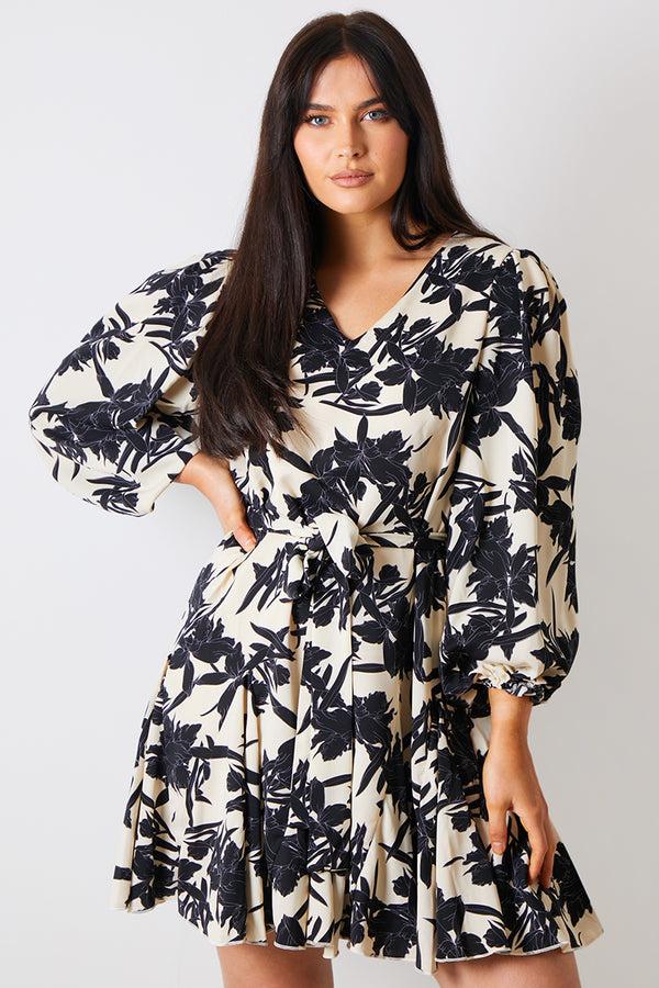 in the style In the Style V Neck Balloon Sleeve Godet Mini Dress Stone