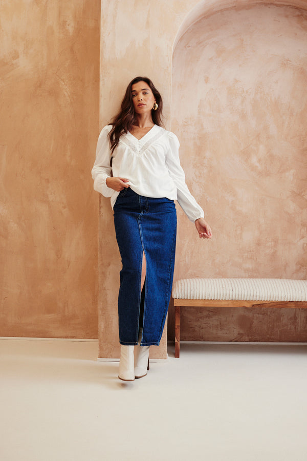 In The Style In The Style V Neck Crochet Insert Blouse White