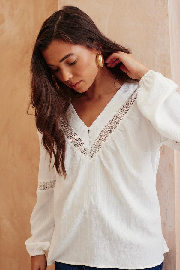 In The Style In The Style V Neck Crochet Insert Blouse White