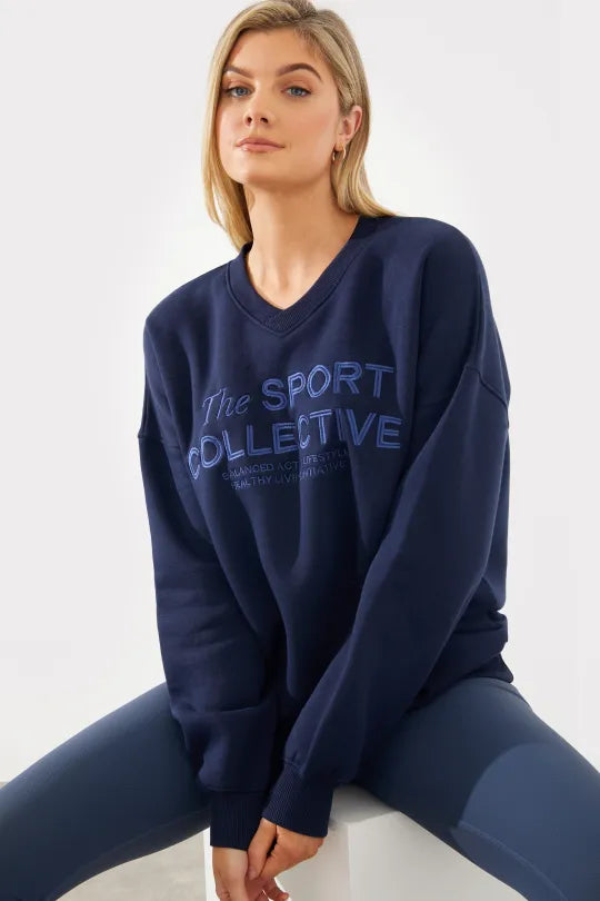 in the style In The Style V-Neck Embroidered Sport Collective Jersey Sweater Navy