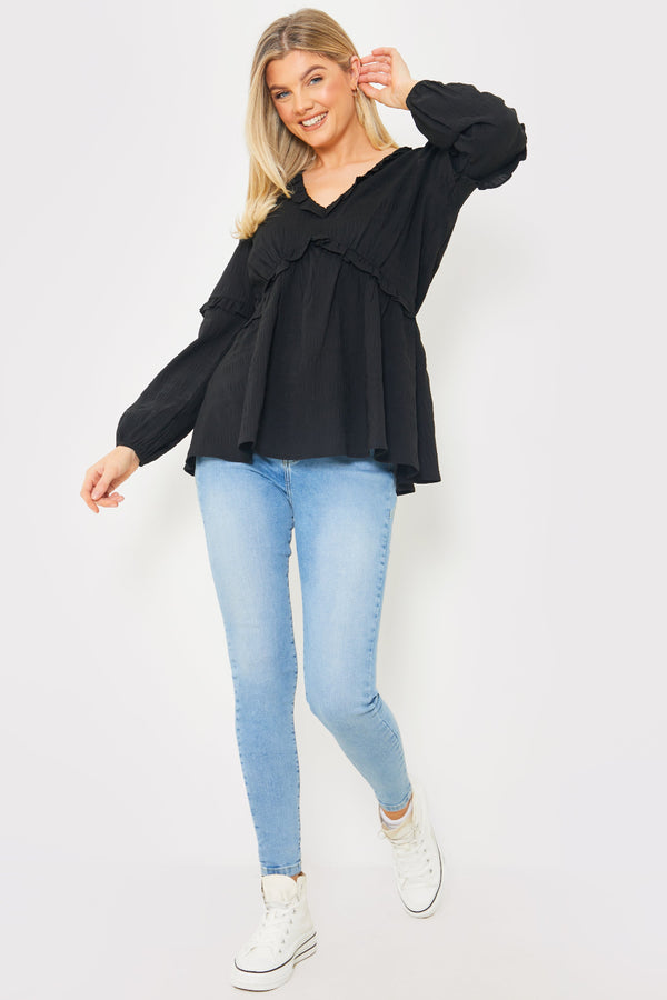 In The Style In The Style V Neck Frill Detail Blouse Black