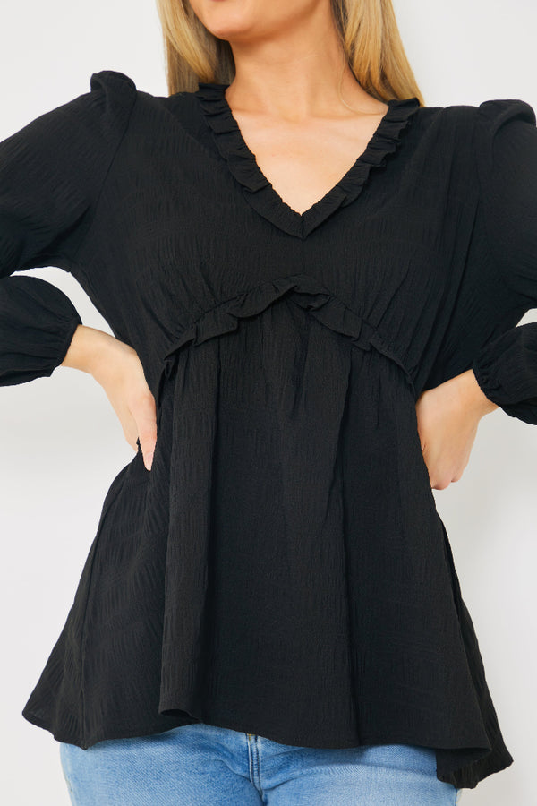 In The Style In The Style V Neck Frill Detail Blouse Black