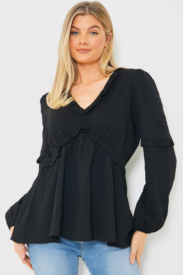 in the style In the Style V Neck Frill Detail Blouse Black