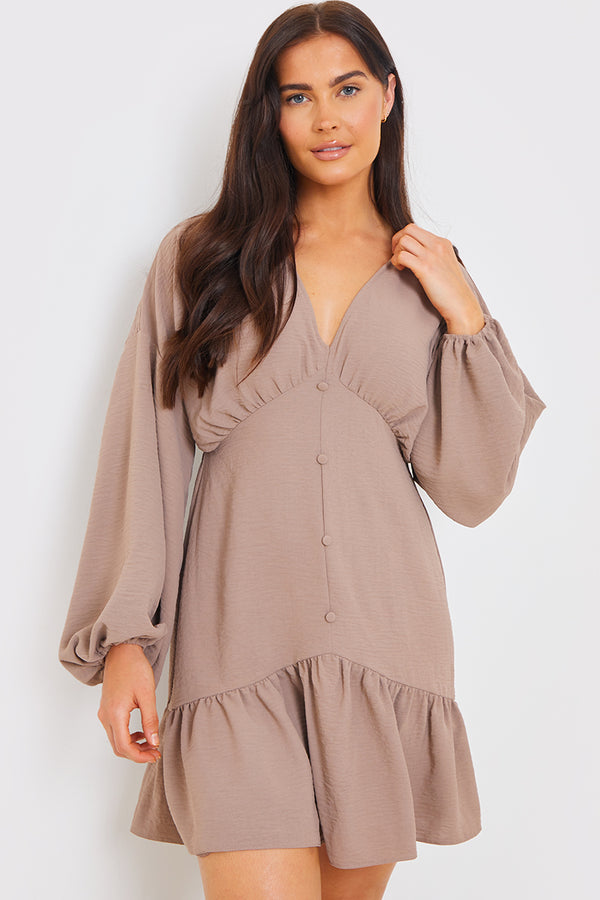 in the style In the Style V Neck Frill Hem Smock Dress Mocha
