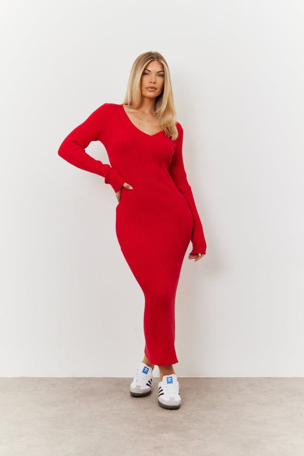 In The Style In The Style V Neck Rib Maxi Long Sleeve Dress Red