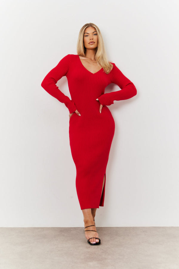 in the style In the Style V Neck Rib Maxi Long Sleeve Dress Red