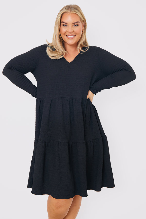 In The Style In The Style V Neck Textured Smock Dress Black