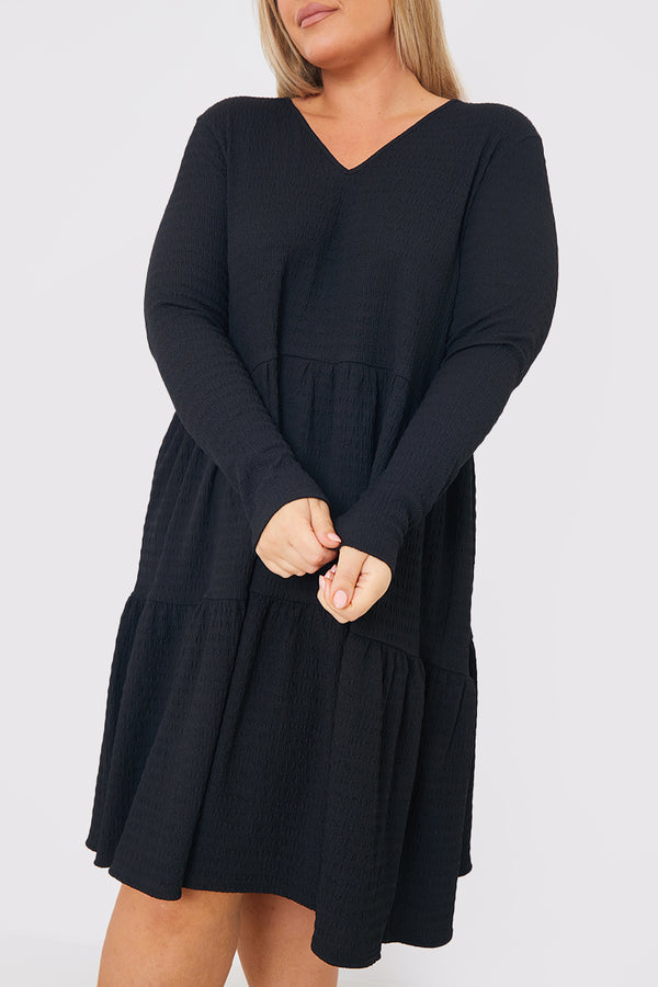 In The Style In The Style V Neck Textured Smock Dress Black