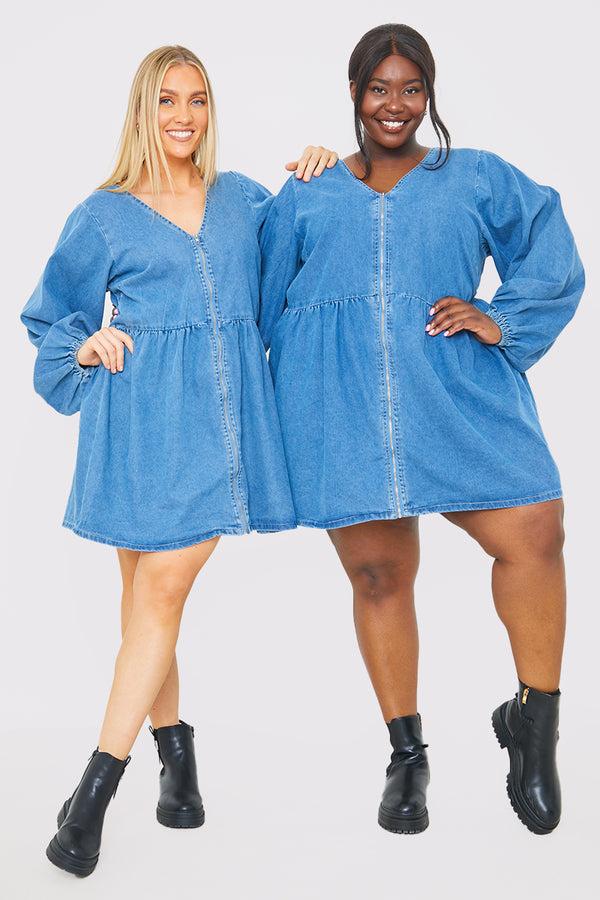 In The Style In The Style V NECK ZIP THORUGH DENIM MINI DRESS Blue