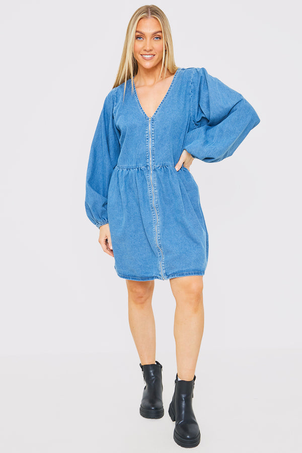 In The Style In The Style V NECK ZIP THORUGH DENIM MINI DRESS Blue