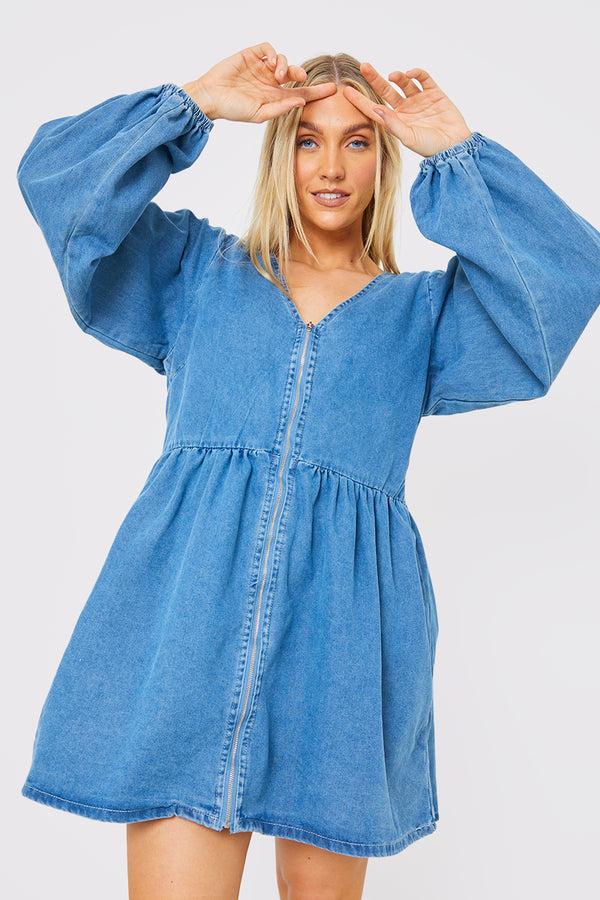 in the style In the Style V NECK ZIP THORUGH DENIM MINI DRESS Blue