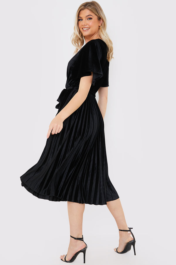 In The Style In The Style Velour Pleated Midi Dress Black
