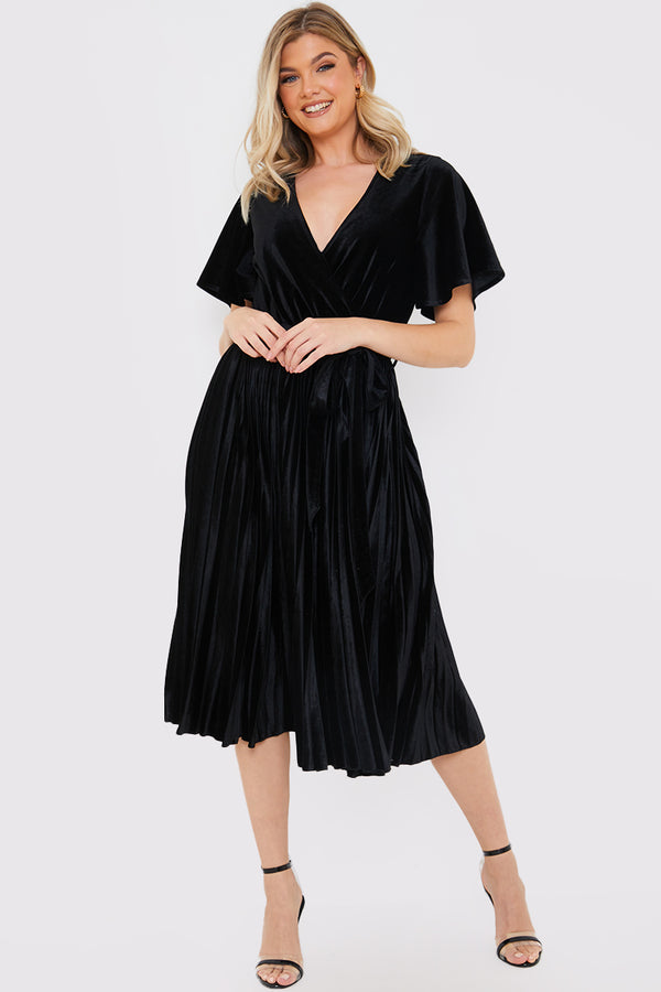 in the style In the Style Velour Pleated Midi Dress Black