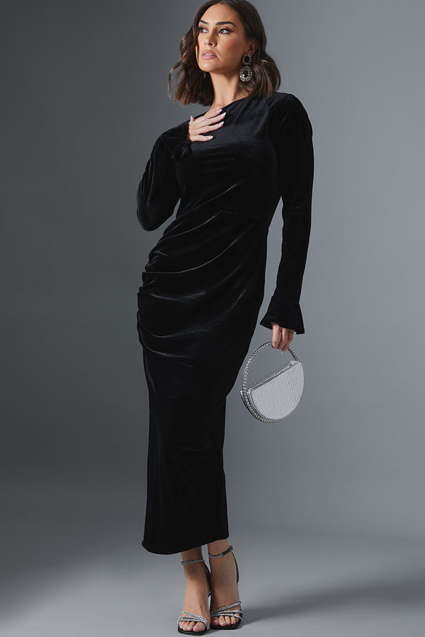 in the style In the Style Velvet Asymmetric Midi Dress With Flared Cuff Black